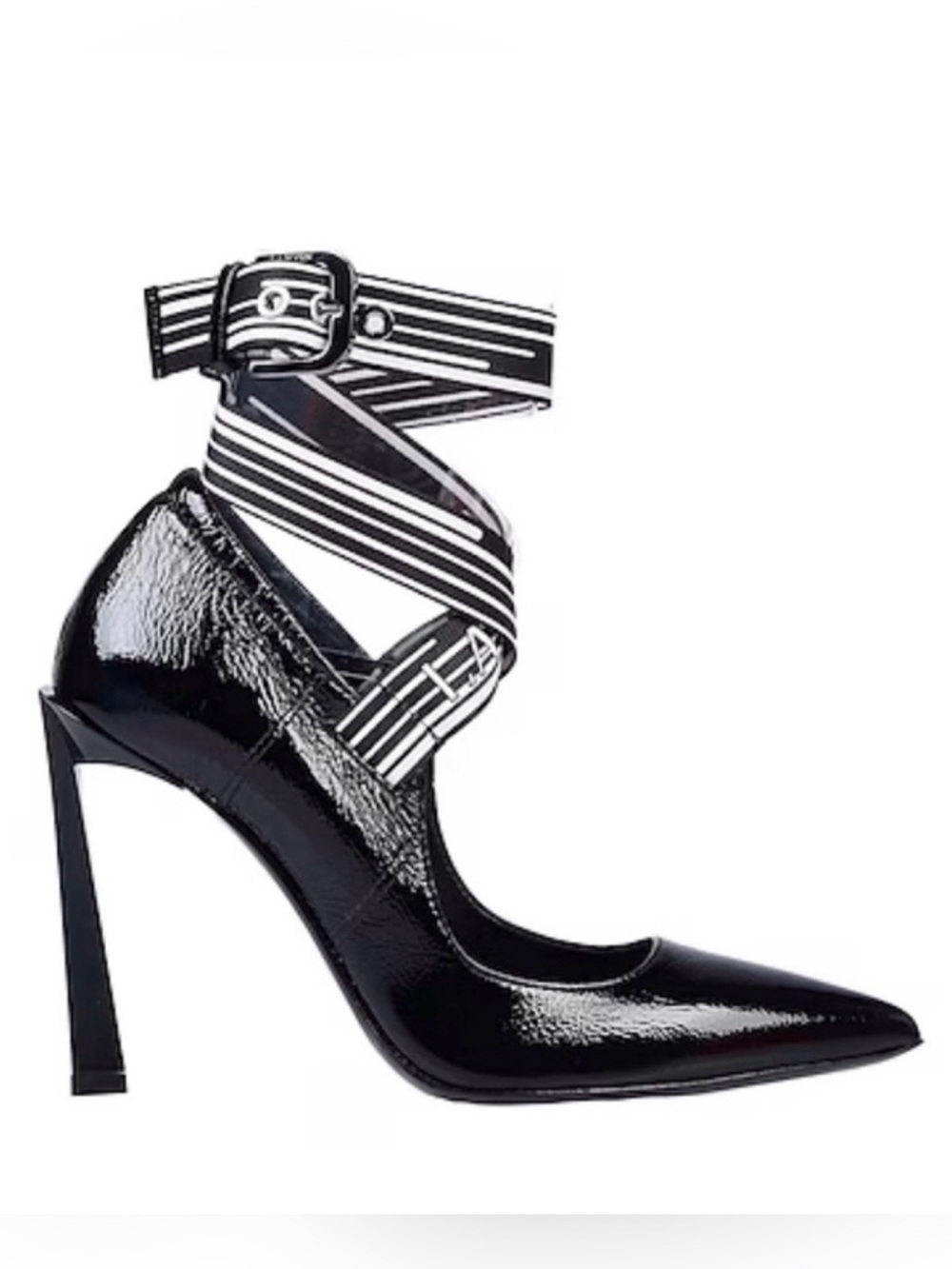 LANVIN Black Patent Pointed-Toe Stiletto with Striped Ankle Wraps